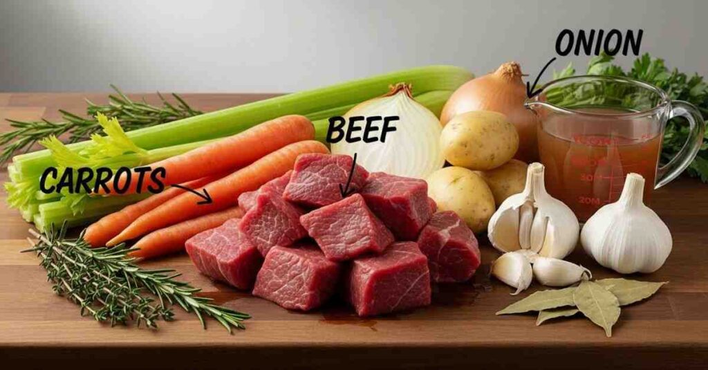 Rustic table of beef stew ingredients: raw beef chunks, sliced carrots and celery, onions, potatoes, garlic, herbs, bay leaves, and beef broth.
