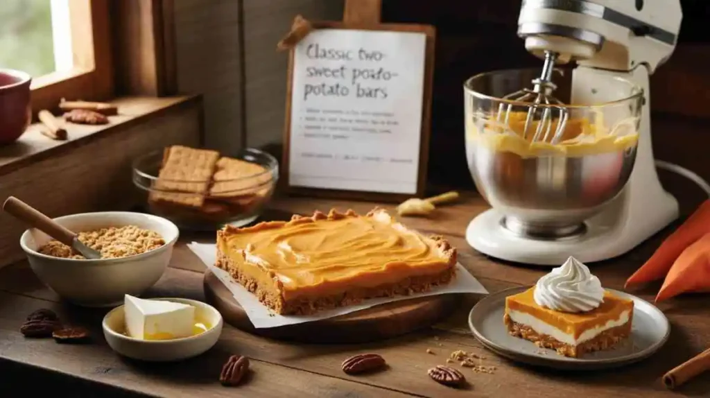 Image of sweet potato bars with whipped cream on a wooden table, surrounded by graham crackers, butter, pecans, cinnamon sticks, and a stand mixer with batter in the background.












Homemade two-layer sweet potato bars with graham cracker crust, butter, pecans, and mixer on a wooden table.
