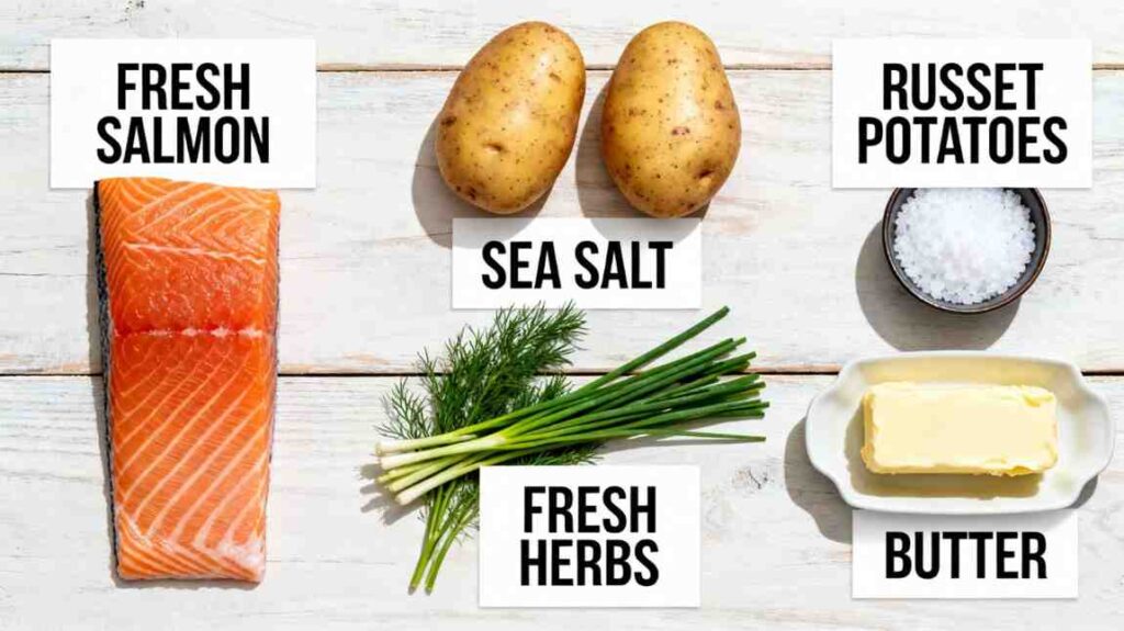 Fresh salmon fillet, Russet potatoes, sea salt, fresh dill and chives, and butter displayed on a white wooden surface with ingredient labels.
