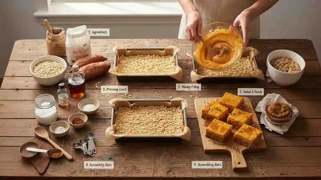 Step-by-step process of making gluten-free sweet potato bars recipe with oats and maple, showing ingredients, pressing crust, mixing filling, assembling, and finished baked bars on a wooden table.
