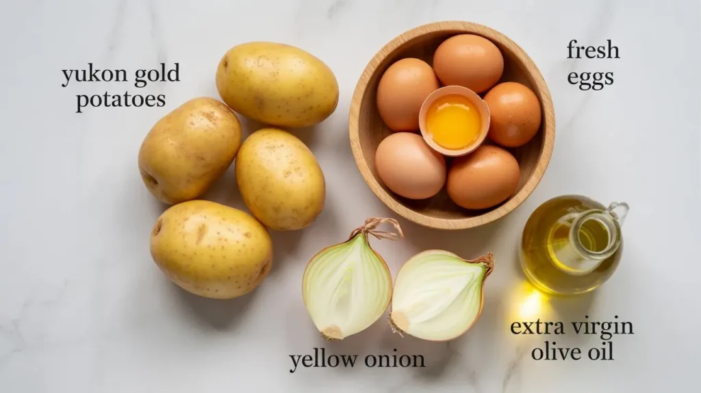 A marble surface with Yukon gold potatoes, yellow onions, fresh eggs in a bowl, and a bottle of extra virgin olive oil, labeled for a tortilla recipe.