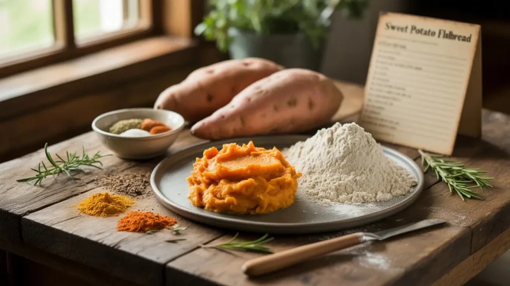 A wooden table with mashed sweet potato, flour, whole sweet potatoes, spices, rosemary, and a recipe card for sweet potato flatbread.