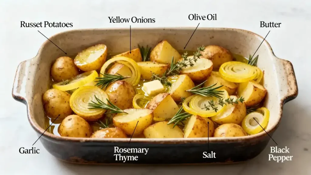 Roasted Russet potatoes with yellow onions, garlic, lemon slices, rosemary, and thyme in a terracotta dish, drizzled with olive oil and butter, labeled with ingredients.
