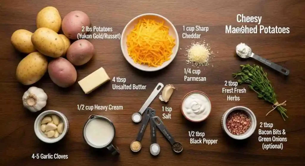 Ingredients for cheesy garlic mashed potatoes including potatoes, cheese, butter, cream, and herbs.