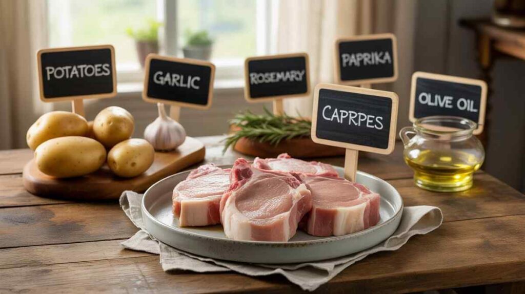 Raw pork chops on a plate with potatoes, garlic, rosemary, paprika, and olive oil displayed on a rustic wooden table.

