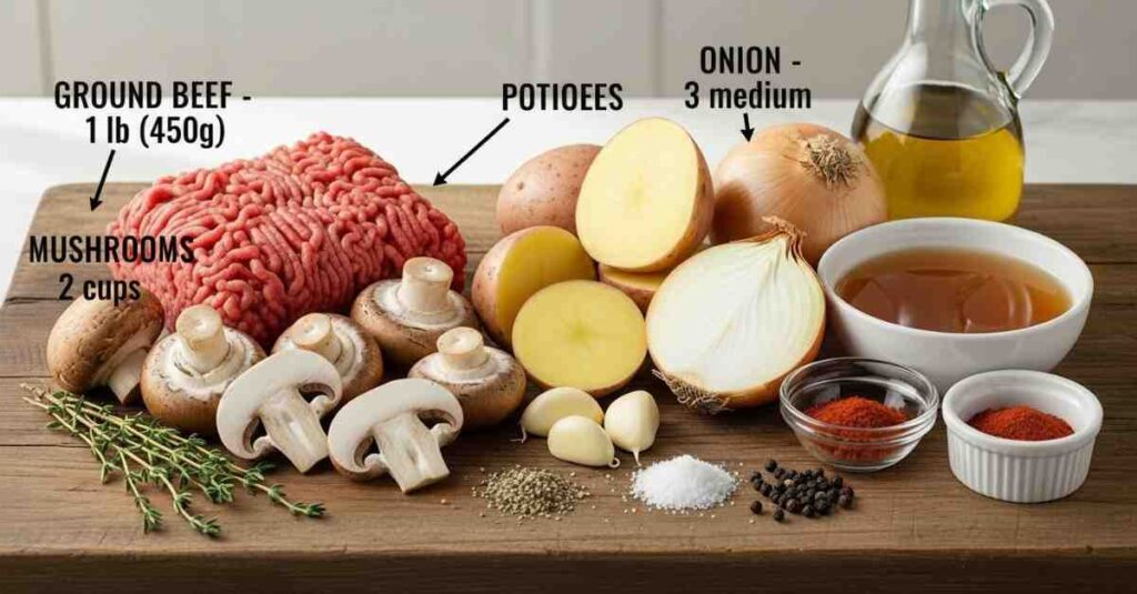 Ingredients for ground beef mushroom potato recipe are ground beef, mushrooms, potatoes, onions, garlic, thyme, oil, broth, salt, pepper, and paprika.
