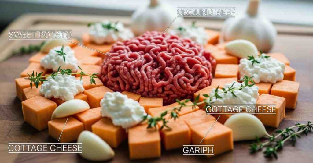 Charcuterie board with cubed sweet potatoes, thyme-garnished cottage cheese, central ground beef mound, and garlic cloves, labeled for a savory dish.
