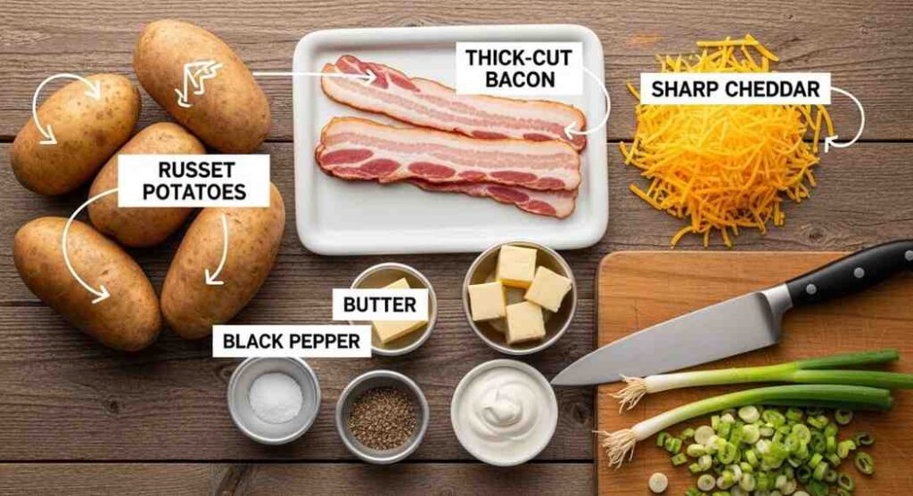 Whole Russet potatoes, thick-cut bacon, shredded sharp cheddar, butter cubes, black pepper, and chopped green onions on a wooden board with a knife.
