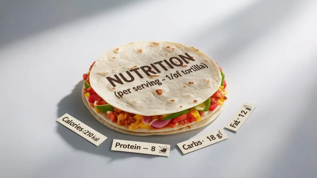 A tortilla topped with colorful veggies, displaying nutritional info: 210 kcal, 8g protein, 18g carbs, and 12g fat per 1/2 serving, with labels around it.