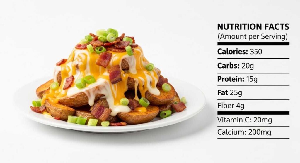 A loaded potato dish topped with melted cheese, bacon bits, and green onions, served on a white plate, with nutrition facts listed (Calories: 350, Carbs: 20g, Protein: 15g, Fat: 25g, Fiber: 4g, Vitamin C: 20mg, Calcium: 200mg).