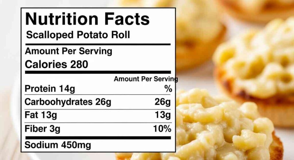 Nutrition facts for a scalloped potato roll showing 280 calories, 14g protein, 26g carbohydrates, 13g fat, 3g fiber, and 450mg sodium, with a background image of a creamy potato roll.