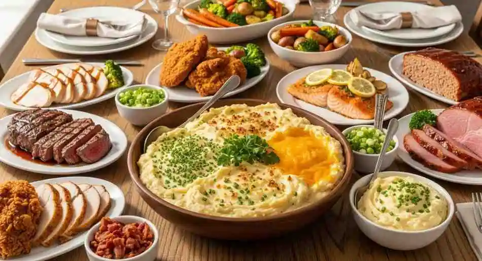 Cheesy garlic mashed potatoes served with meats, fish, and vegetables on a dinner table.