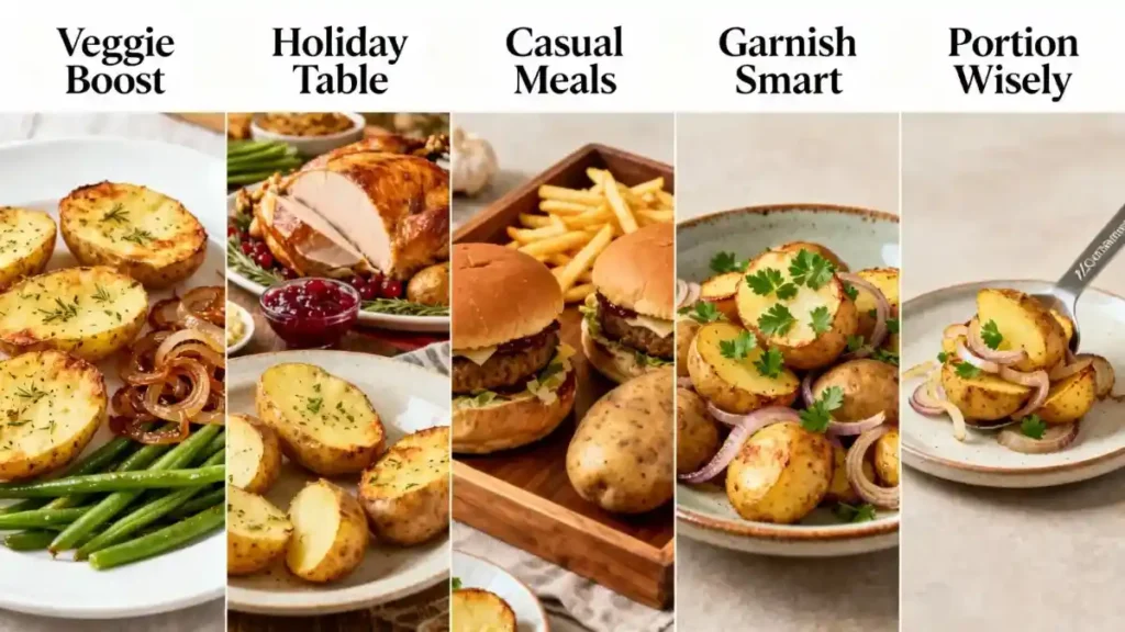 Serving suggestions for baked potato with onion recipe – paired with green beans, turkey dinner, burgers, and garnished with fresh herbs.
