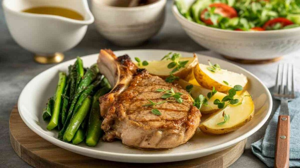 Grilled pork chop with roasted potatoes and steamed asparagus on a white plate, garnished with fresh herbs, served with a side salad and olive oil on a wooden board.
