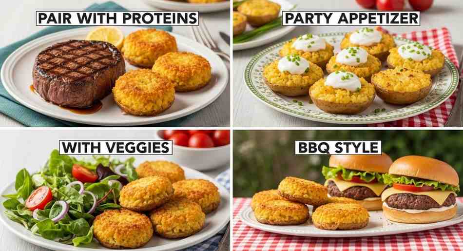 A collage of four serving ideas for potato cakes: top-left shows them paired with a grilled steak and lemon as a protein side; top-right as party appetizers topped with sour cream, chives, and tomatoes on a checkered plate; bottom-left with a fresh veggie salad including greens, tomatoes, and onions; bottom-right in BBQ style alongside cheeseburgers with lettuce and tomato on a picnic tablecloth.