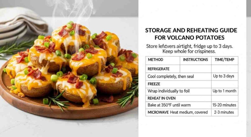Storage and reheating guide for volcano potatoes with instructions for refrigerating, freezing, and reheating, alongside cheesy bacon-topped potatoes.
