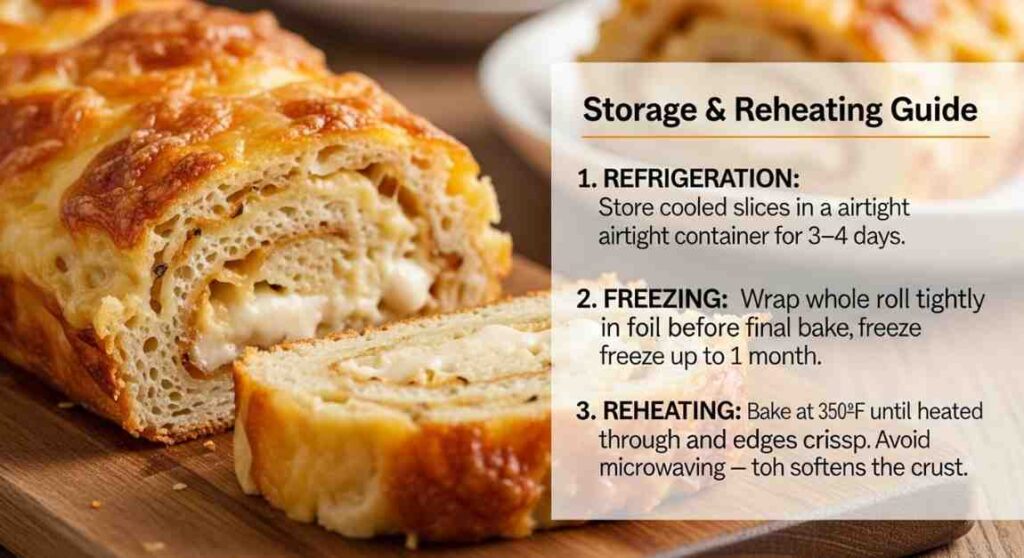 Cheesy scalloped potato roll with storage and reheating guide showing refrigeration, freezing, and oven reheat instructions.