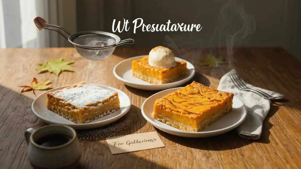 Three sweet potato bars served on plates with powdered sugar, ice cream, and plain topping on a wooden table.
