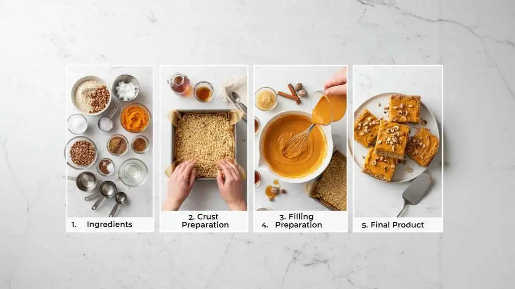 Step-by-step process of making vegan hazelnut sweet potato bars from ingredients to final baked squares.