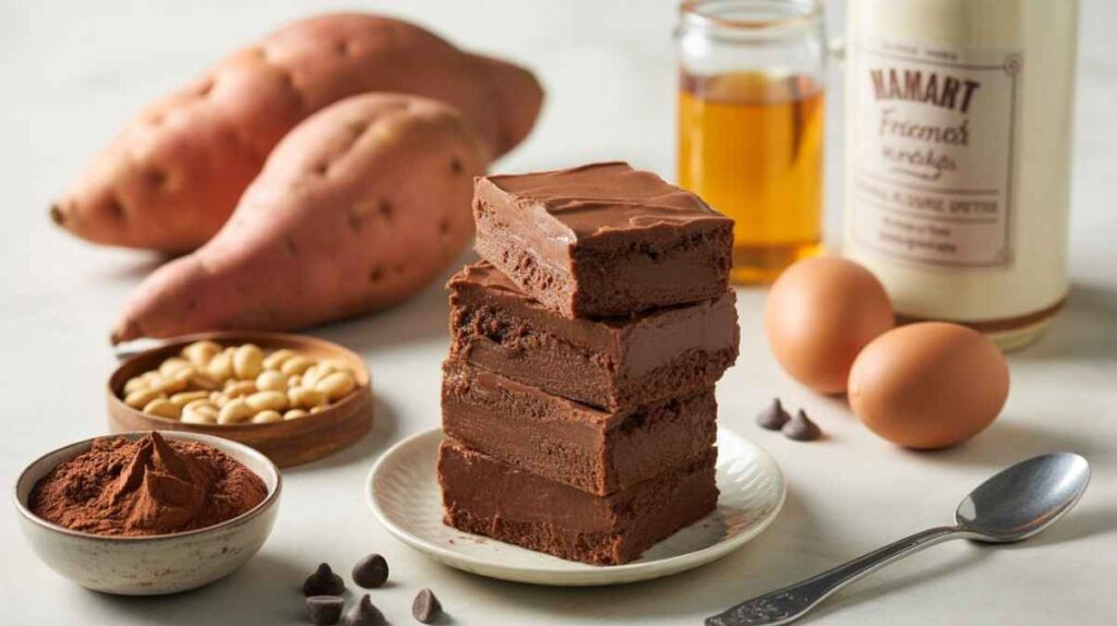 Stack of chocolate sweet potato brownies with ingredients like cocoa, eggs, sweet potatoes, and honey on a table.
