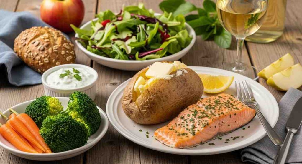 A plated meal of herb-crusted salmon and buttered baked potato with lemon, served alongside a green salad, steamed broccoli and carrots, yogurt dip, whole grain bread, apple slices, and white wine on a wooden table.
