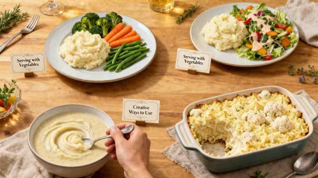 Low Fat Mashed Potatoes Recipe served with vegetables, salad, and baked casserole, showing creative serving ideas.
