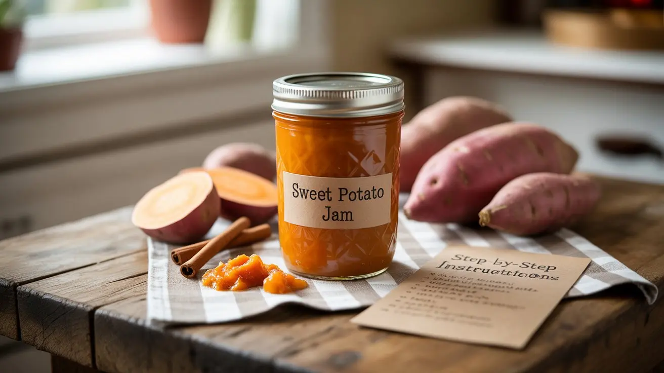 Jar of sweet potato jam with fresh sweet potatoes, cinnamon sticks, and recipe instructions on a wooden table.