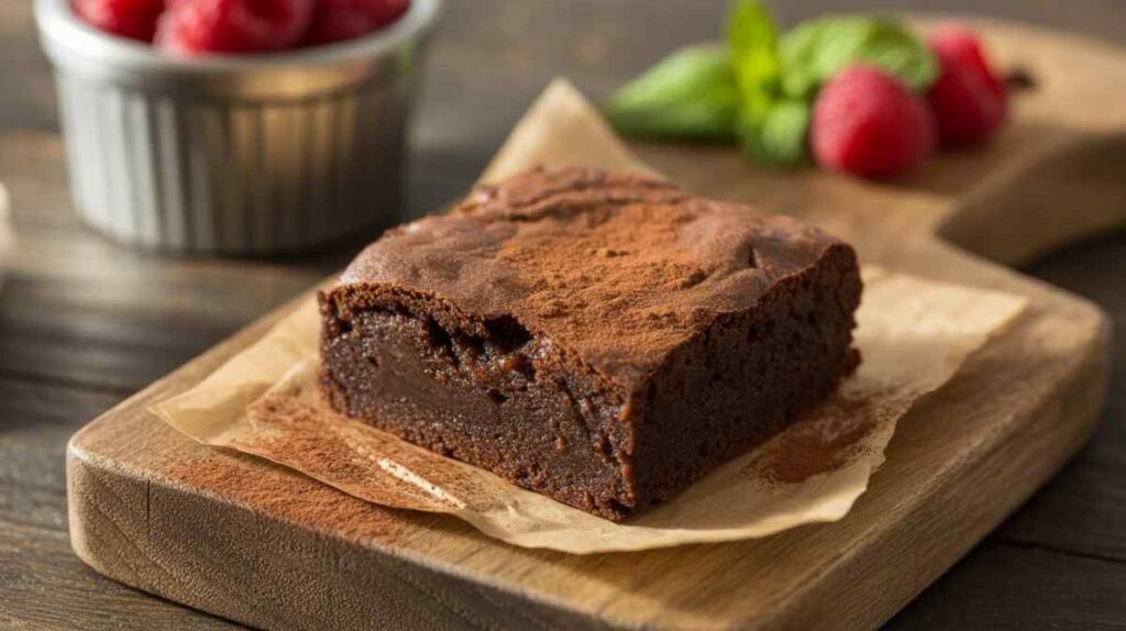 Fudgy sweet potato brownie on a wooden board with cocoa dusting.