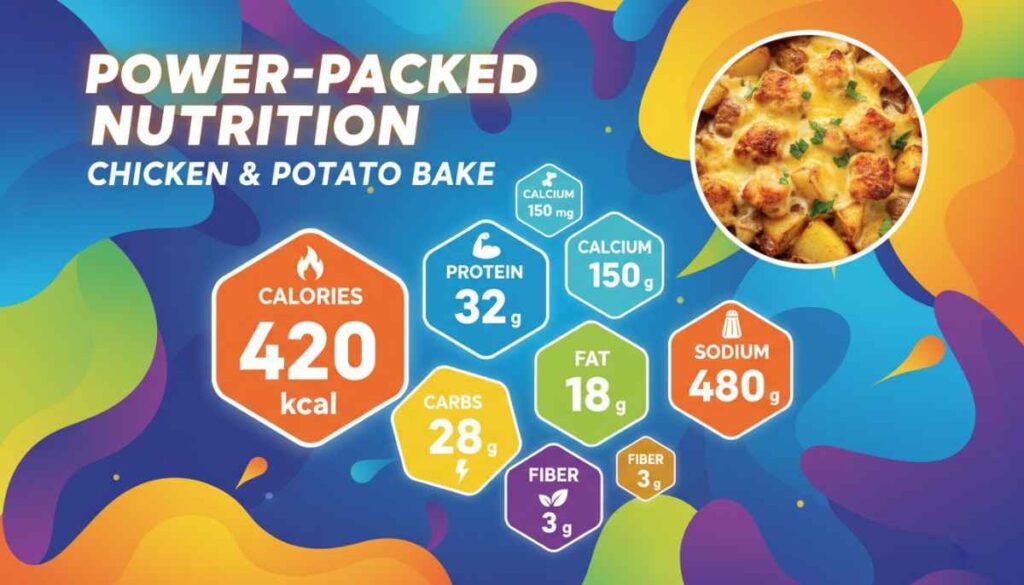Power-Packed Nutrition for Chicken & Potato Bake: 420 kcal, 32g protein, 18g fat, 28g carbs, 3g fiber, 480g sodium, 150mg calcium.
