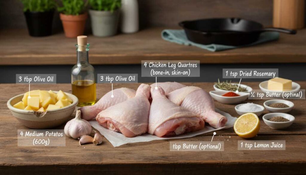 Labeled ingredients on wooden table: 4 chicken leg quarters, 4 medium potatoes (600g), olive oil, garlic, rosemary, lemon juice, butter (optional), salt, pepper.
