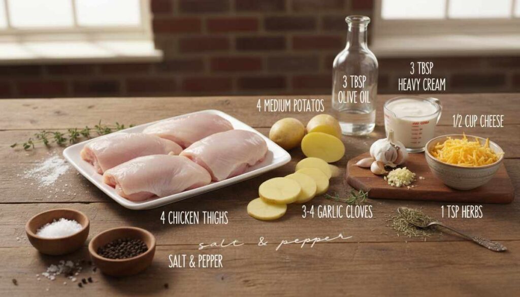 Labeled ingredients for creamy chicken and potatoes: 4 chicken thighs, 4 medium potatoes, 3 tbsp olive oil, 3 tbsp heavy cream, 1/2 cup cheese, 3-4 garlic cloves, 1 tsp herbs, salt & pepper.
