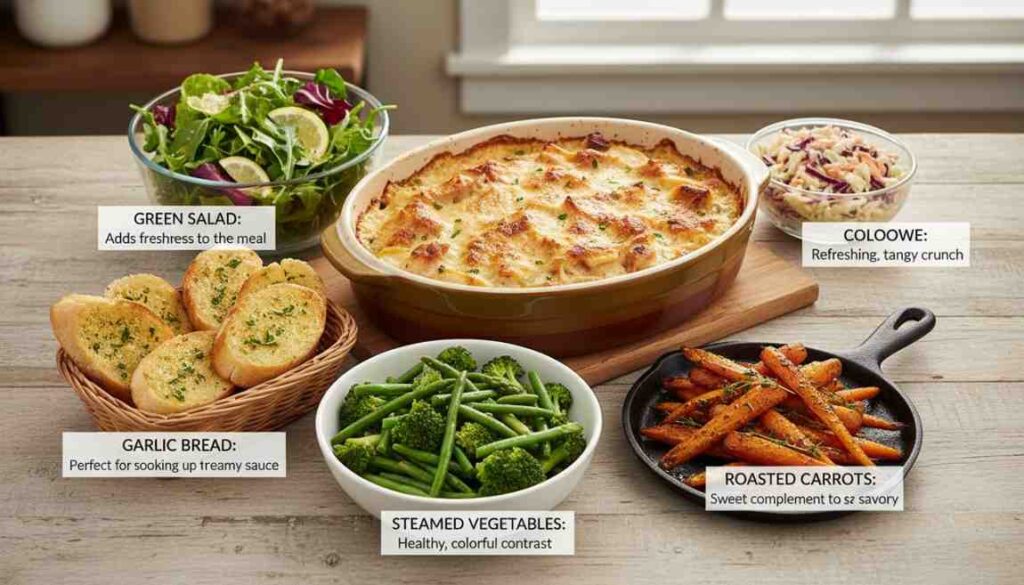 Creamy chicken and potato bake with sides: green salad, garlic bread, steamed vegetables, roasted carrots, and coleslaw on a wooden table.

