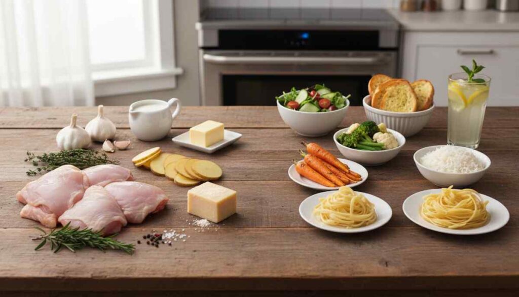 Ingredients laid out on a wooden table: raw chicken thighs, sliced potatoes, cheese, herbs, garlic, pasta, rice, roasted carrots, mixed vegetables, salad, garlic bread, and a drink.
