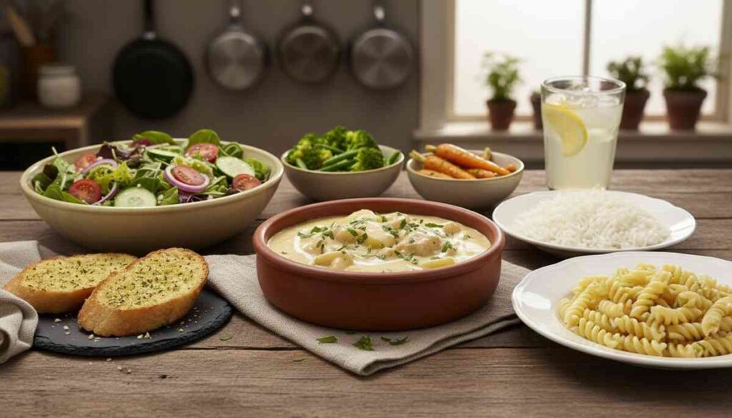 Bowl of creamy chicken and potatoes surrounded by salad, steamed broccoli, roasted carrots, garlic bread, pasta, rice, and a lemon drink on a wooden table.
