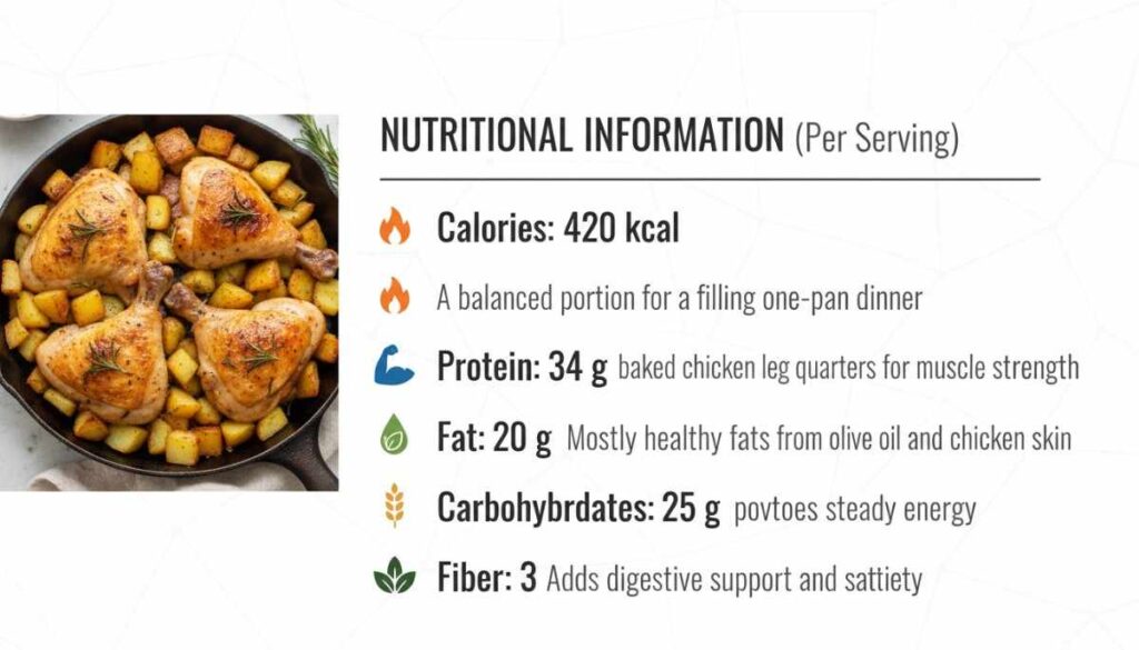 Nutritional information for baked chicken leg quarters and potatoes: 420 kcal, 34g protein, 20g fat, 25g carbs, 3g fiber per serving.
