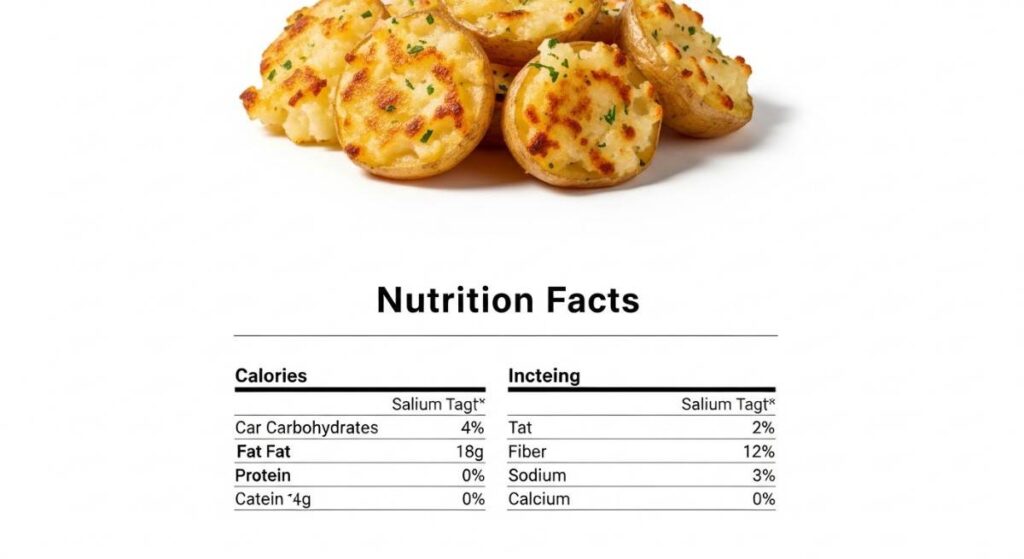 Baked parmesan smashed potatoes with herbs shown above a nutrition facts label detailing calories, fat, protein, and other nutrients.
