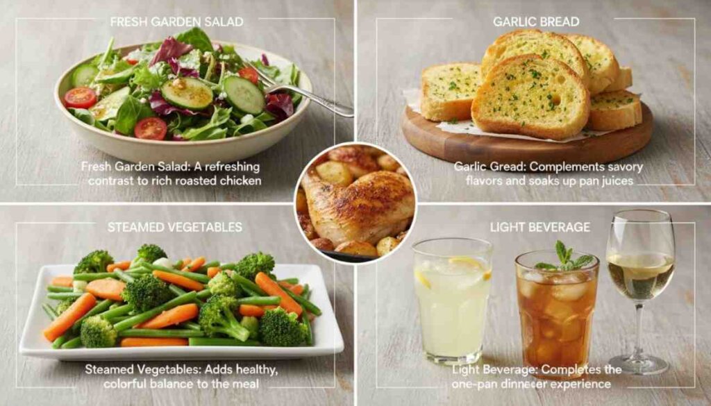 Suggested sides for roasted chicken: fresh garden salad, garlic bread, steamed vegetables, and light beverages like lemonade or wine.
