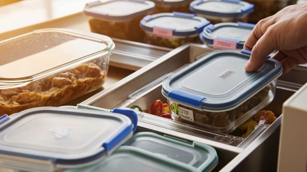 Airtight glass containers storing leftover chicken and potato bake recipe for safe storage and easy reheating in the refrigerator.

