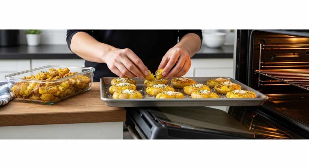 Person placing parmesan smashed potatoes on a baking tray, preparing to bake them in the oven with a dish of cooked potatoes nearby.
