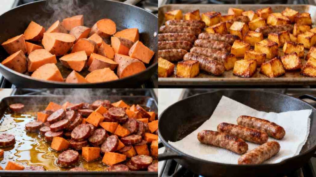 Four cooking method photos: sweet potatoes frying in a skillet, whole sausages and sweet potato cubes roasting on sheet pans, sliced sausage and sweet potatoes cooking together in a skillet with oil, and browned sausages resting on paper towels.
