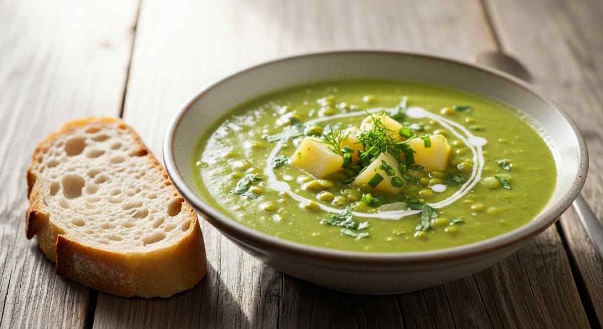 Bowl of vibrant green split pea and potato soup garnished with herb oil swirl, potato cubes, and fresh dill, served with crusty bread on a rustic table.