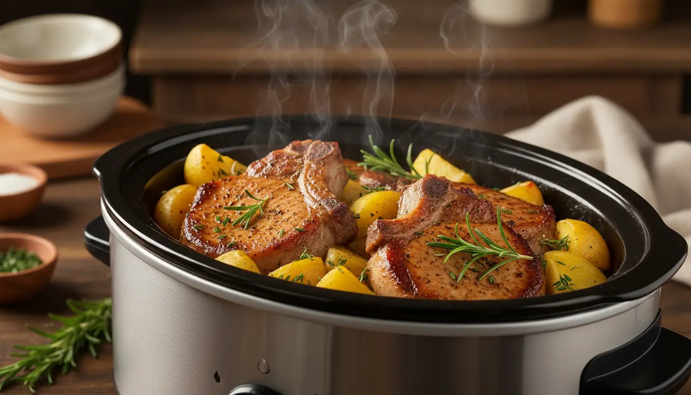 Slow cooker filled with steaming pork chops, baby potatoes, and herbs in a creamy sauce.