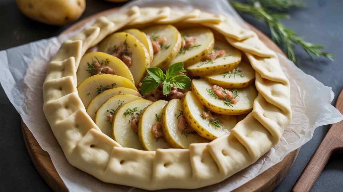 Rustic potato galette ready for the oven – thin potato slices arranged in circles on puff pastry, topped with herb butter and folded edges.
