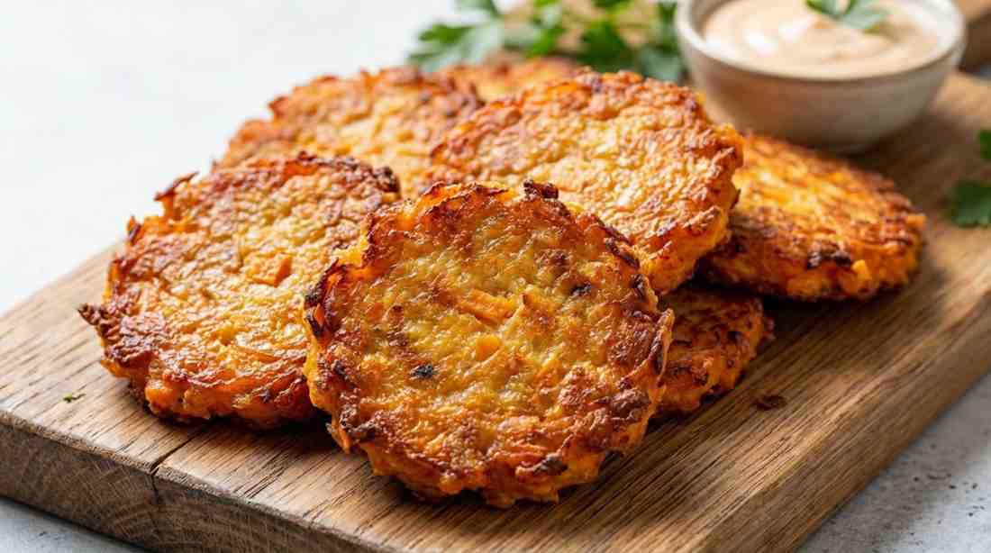 Crispy homemade sweet potato fritters stacked on a board with a side of creamy dipping sauce and parsley garnish.