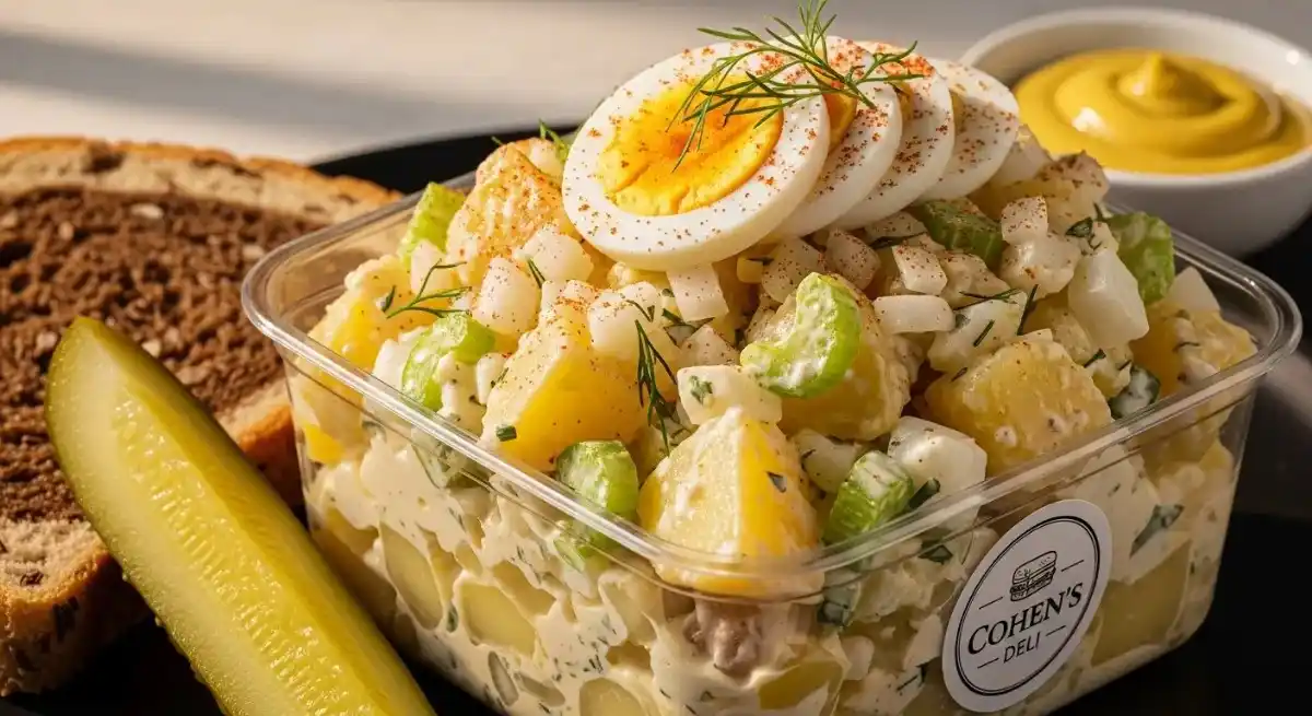 5-Star Jewish Deli Potato Salad Recipe in a clear container from Cohen's Deli, topped with sliced hard-boiled eggs, fresh dill, and paprika, served with rye bread, a pickle spear, and mustard on the side.