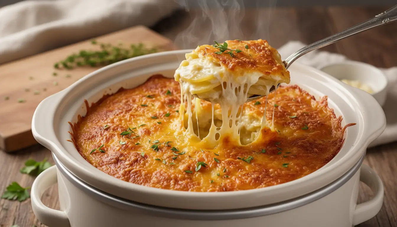 Steaming cheesy scalloped potatoes being scooped from a white casserole dish, topped with melted golden cheese and fresh herbs.