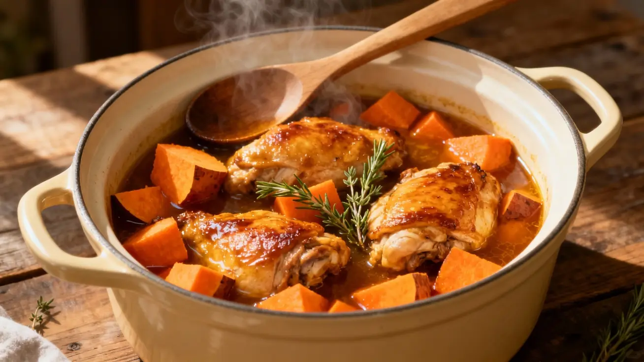 Finished buffalo chicken and sweet potato crock pot dish steaming in a yellow pot with wooden spoon and rosemary garnish.