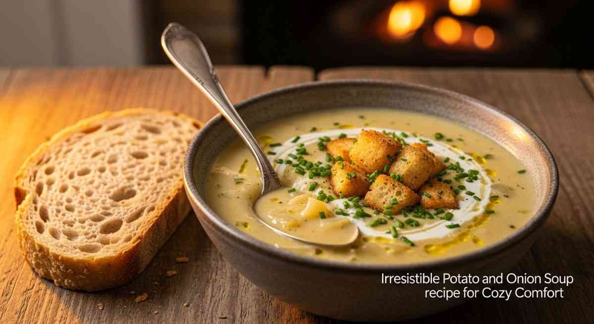 A warm bowl of creamy potato and onion soup garnished with golden croutons, fresh chives, and a swirl of cream, accompanied by a slice of crusty bread, set against a cozy fireplace backdrop.
