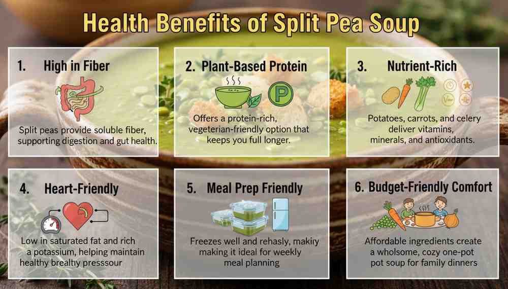 Infographic titled split pea and potato soup recipe listing 6 health benefits: high fiber, plant-based protein, nutrient-rich, heart-friendly, meal-prep friendly, and budget-friendly comfort food.
