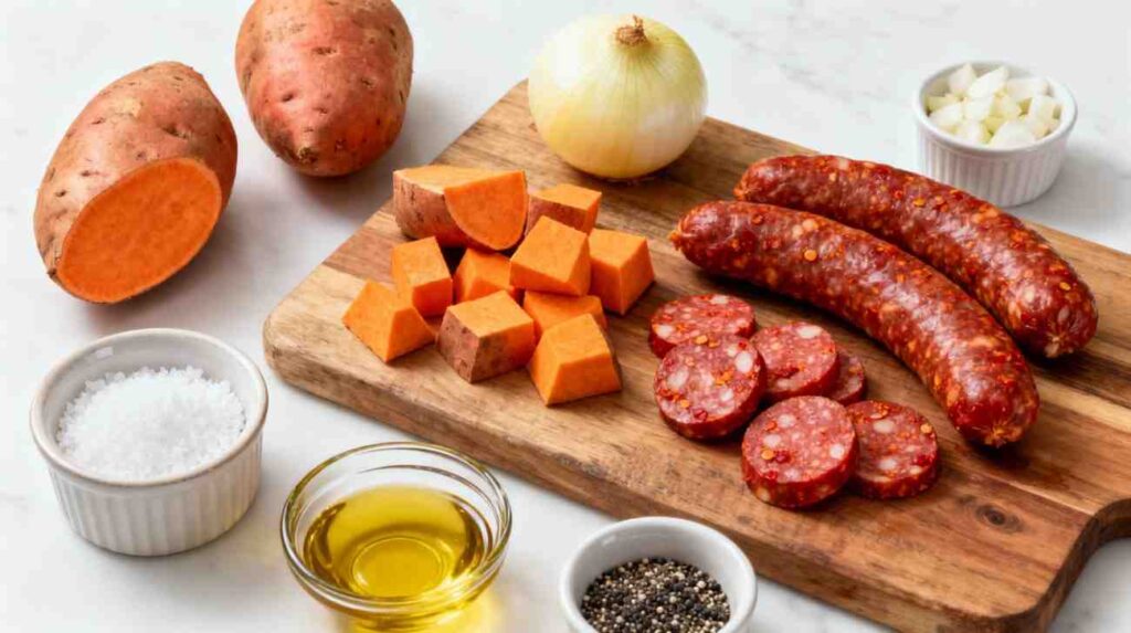 Ingredients neatly arranged on a wooden cutting board: whole and cubed sweet potatoes, a yellow onion, smoked sausage links (some whole, some sliced), small bowls of olive oil, salt, and black pepper.
